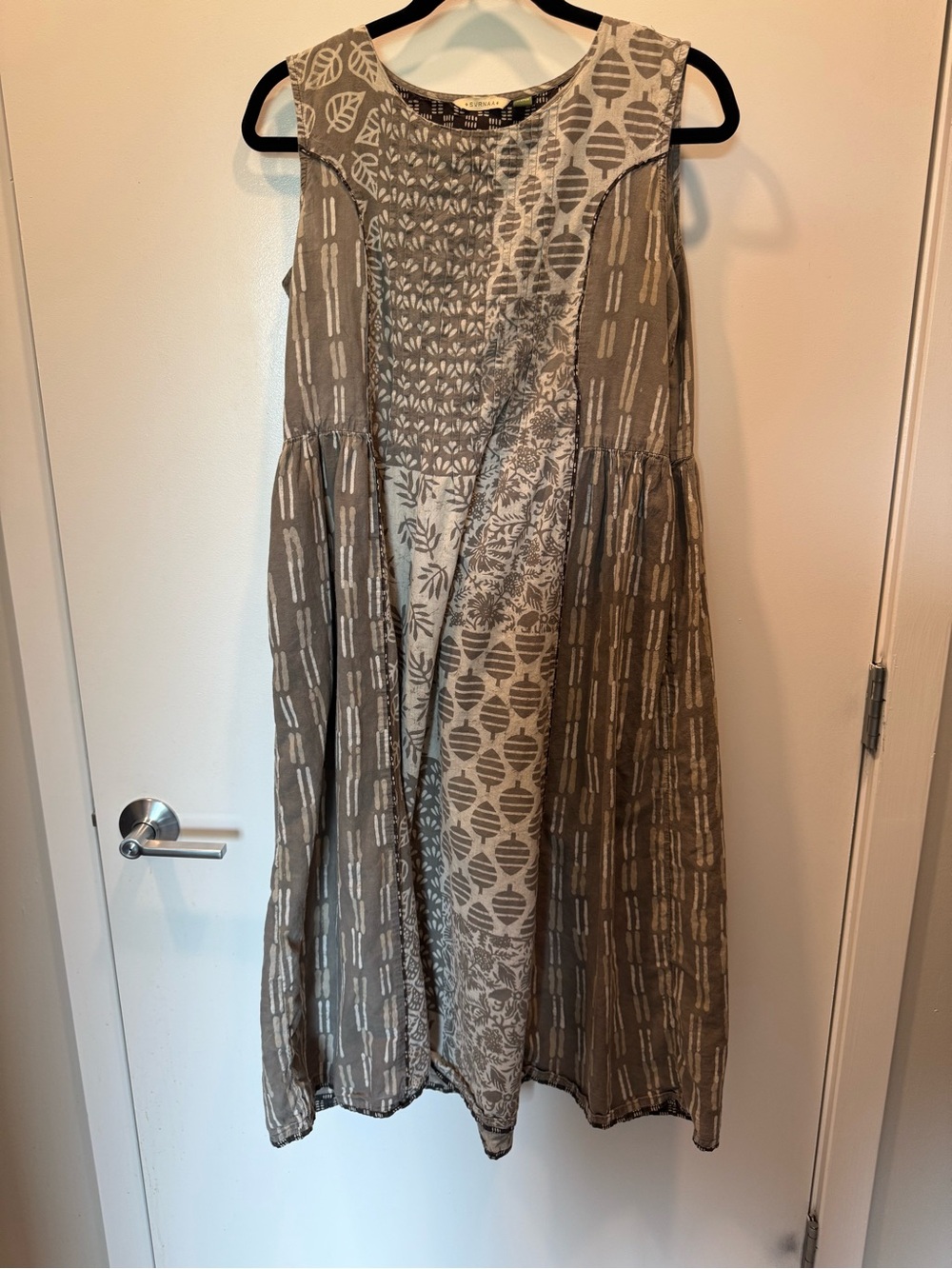Women's Patchwork Midi Dress in Taupe and Cream
